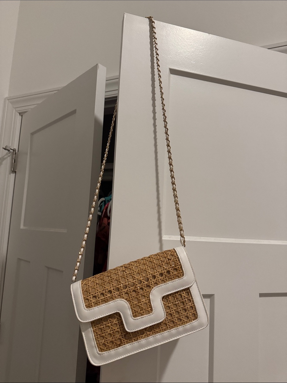 Charming Charlie Woven Straw Crossbody Bag with White Trim - Neutral